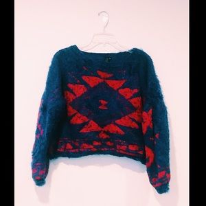 FLUFFY BLUE AND RED TRIANGLE SWEATER